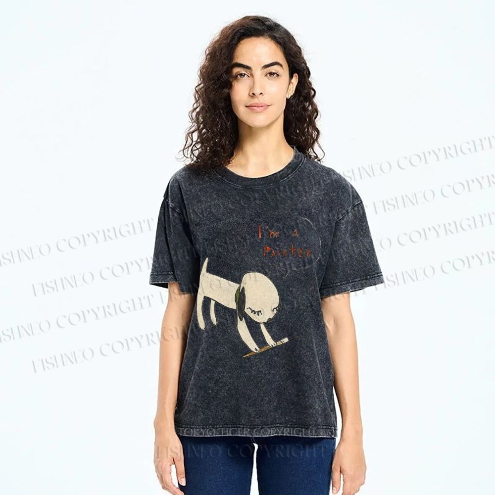 Unisex Yoshitomo Nara Paintbrush Dog Printed Washed Tee