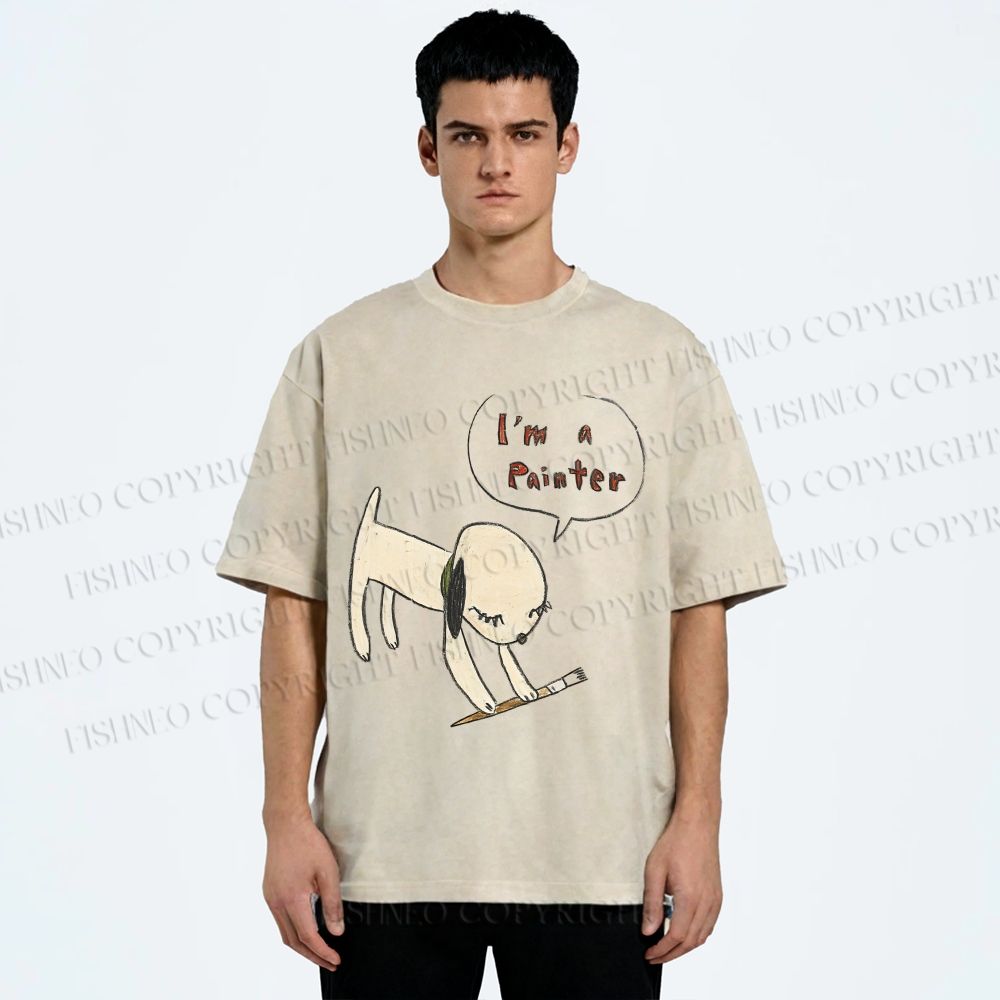 Unisex Yoshitomo Nara Paintbrush Dog Printed Washed Tee