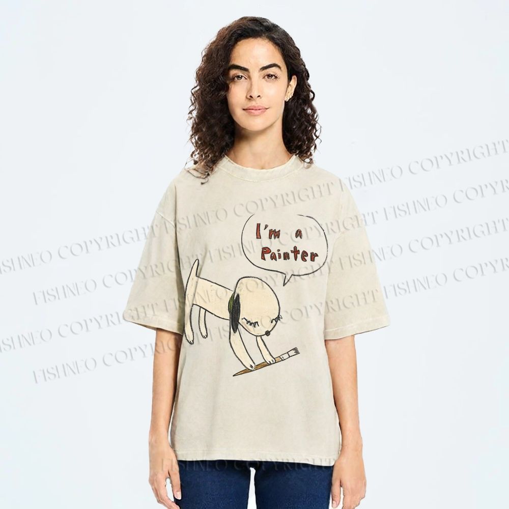 Unisex Yoshitomo Nara Paintbrush Dog Printed Washed Tee
