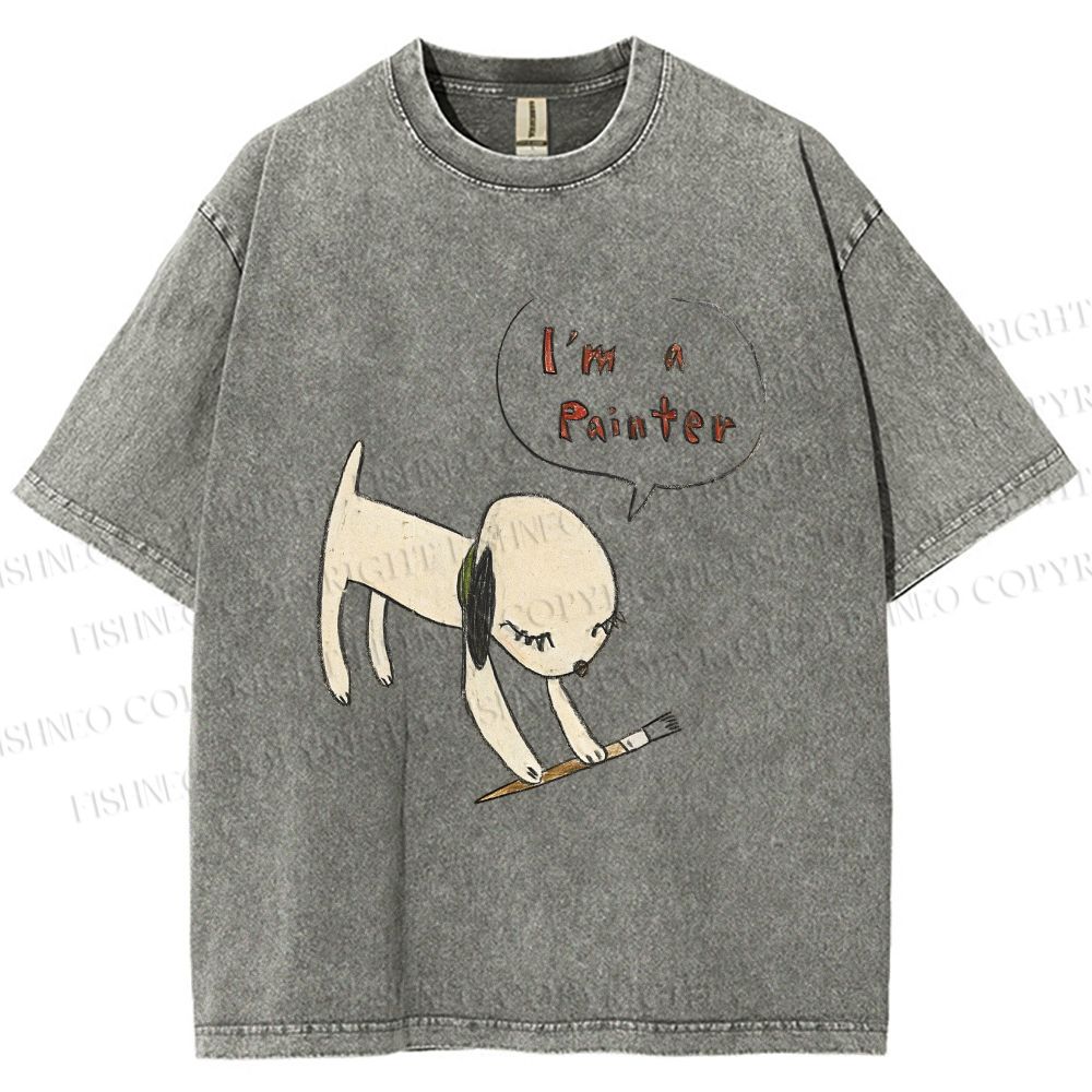 Unisex Yoshitomo Nara Paintbrush Dog Printed Washed Tee