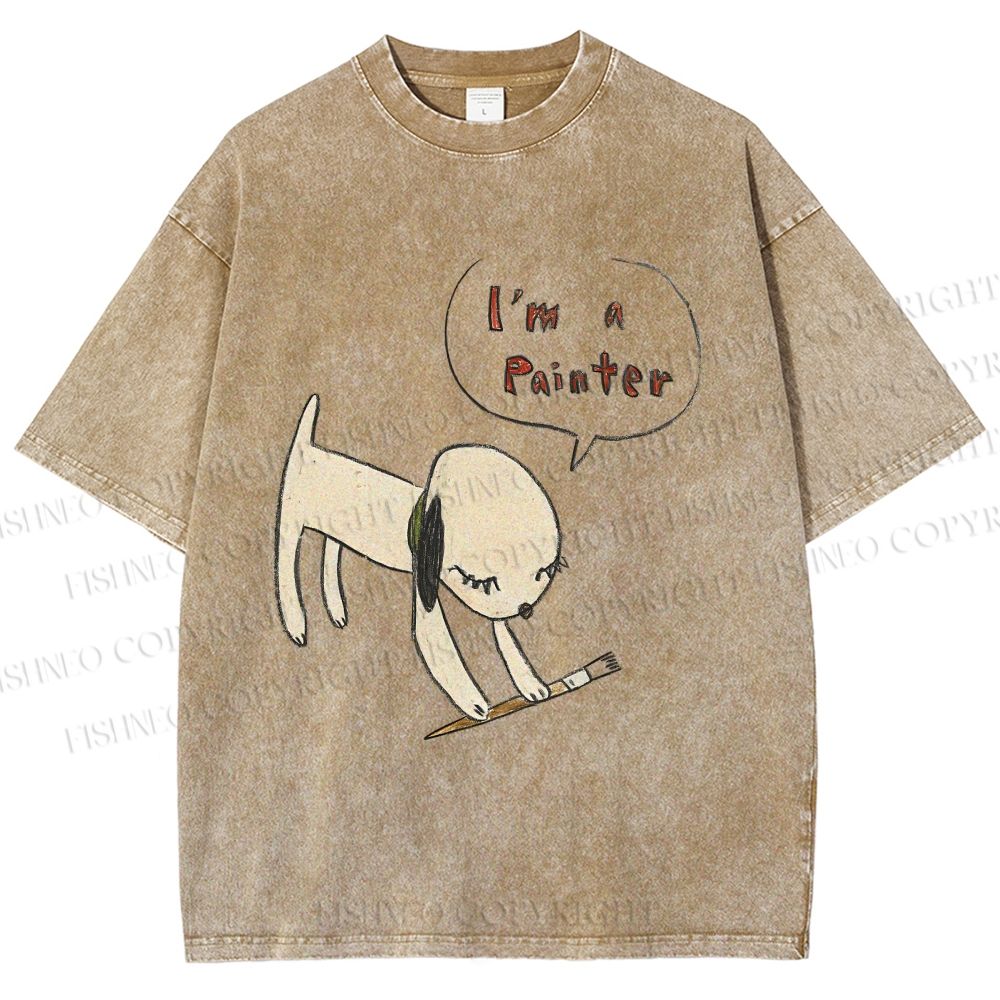Unisex Yoshitomo Nara Paintbrush Dog Printed Washed Tee
