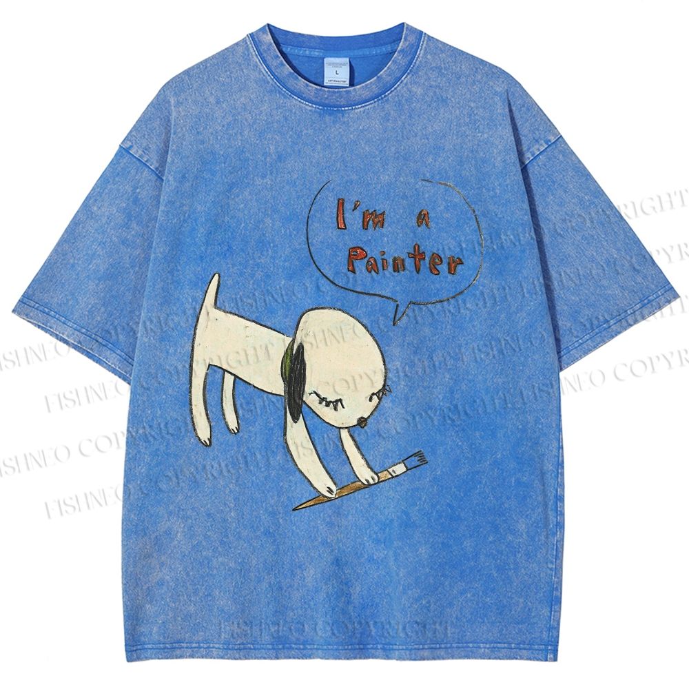Unisex Yoshitomo Nara Paintbrush Dog Printed Washed Tee