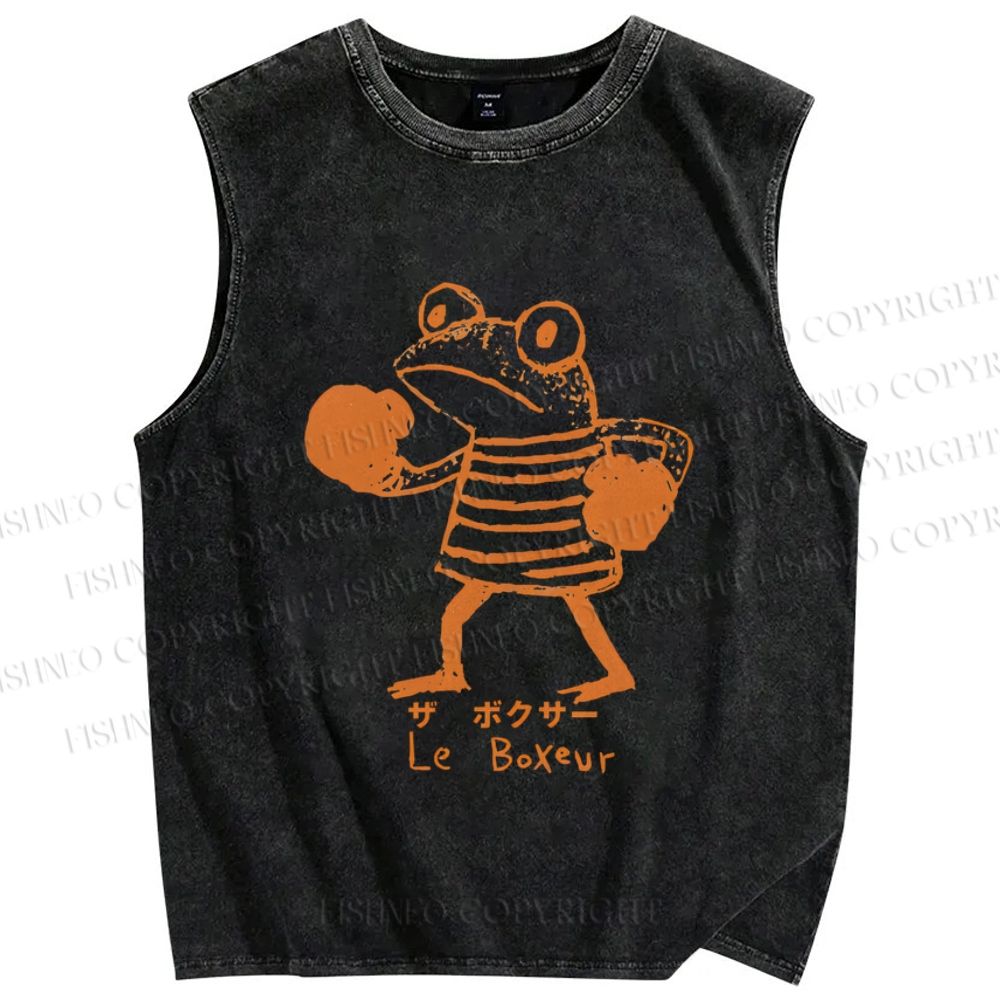 Unisex The Frog Boxer Printed Washed Tank Top