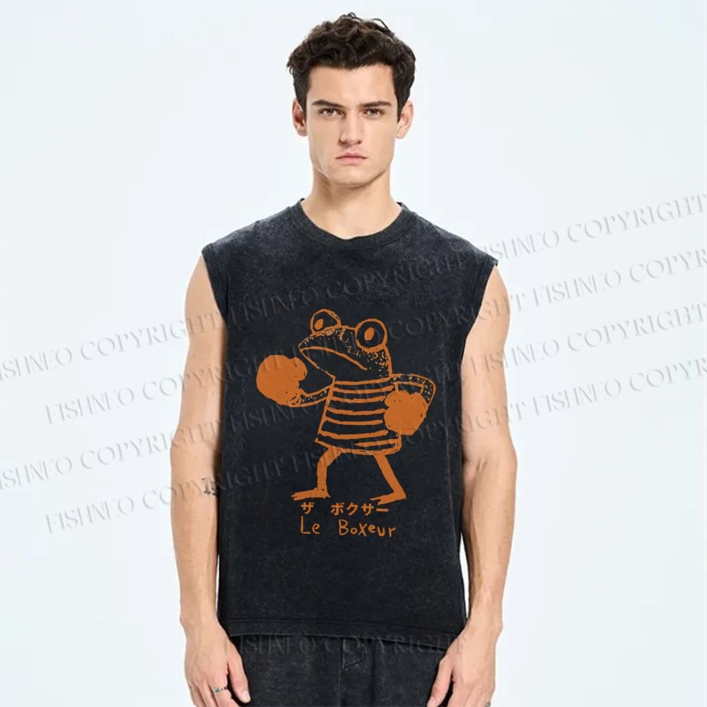 Unisex The Frog Boxer Printed Washed Tank Top