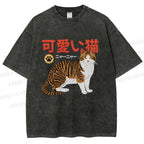 Unisex Cat Japanese Style Printed Washed Tee