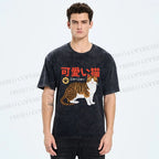 Unisex Cat Japanese Style Printed Washed Tee