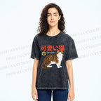 Unisex Cat Japanese Style Printed Washed Tee