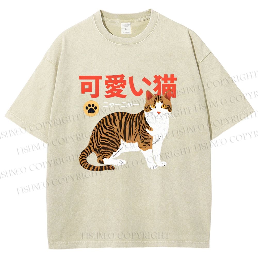 Unisex Cat Japanese Style Printed Washed Tee