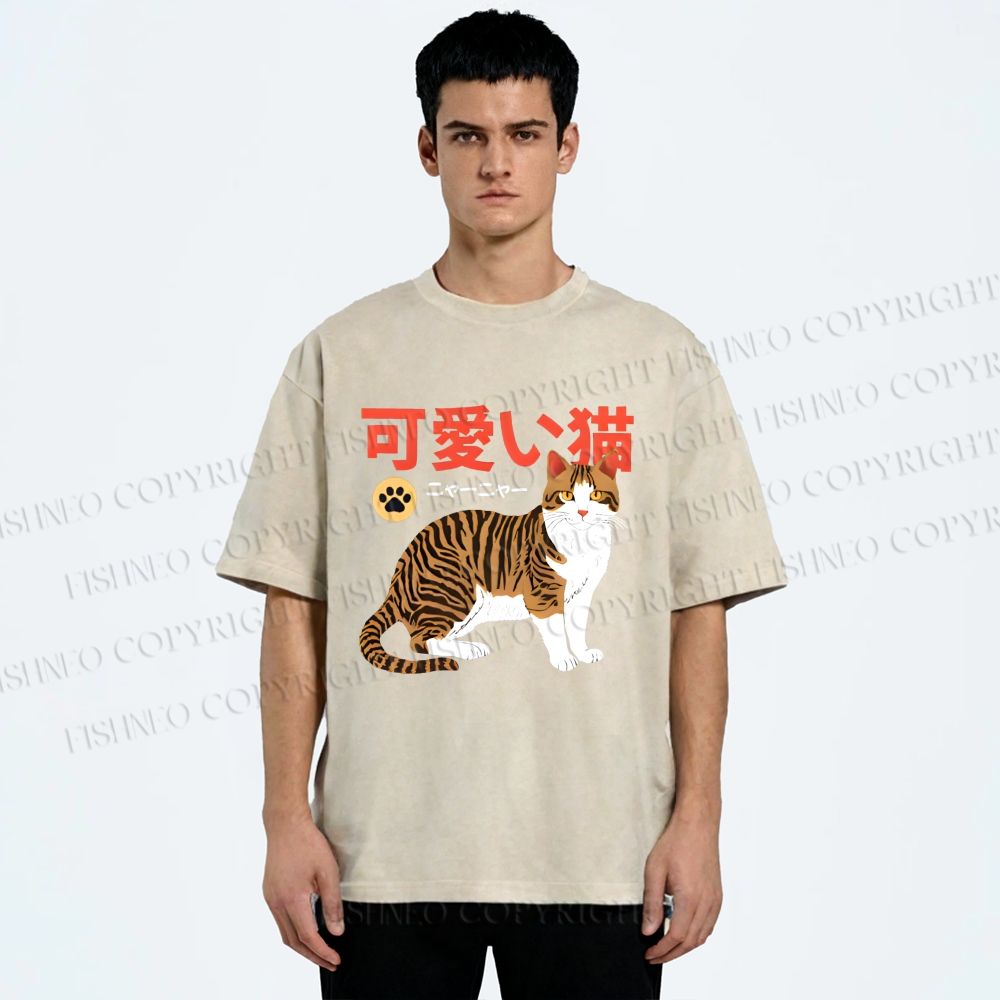 Unisex Cat Japanese Style Printed Washed Tee