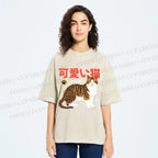 Unisex Cat Japanese Style Printed Washed Tee