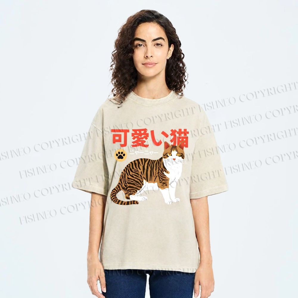 Unisex Cat Japanese Style Printed Washed Tee