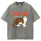 Unisex Cat Japanese Style Printed Washed Tee