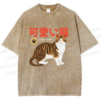 Unisex Cat Japanese Style Printed Washed Tee