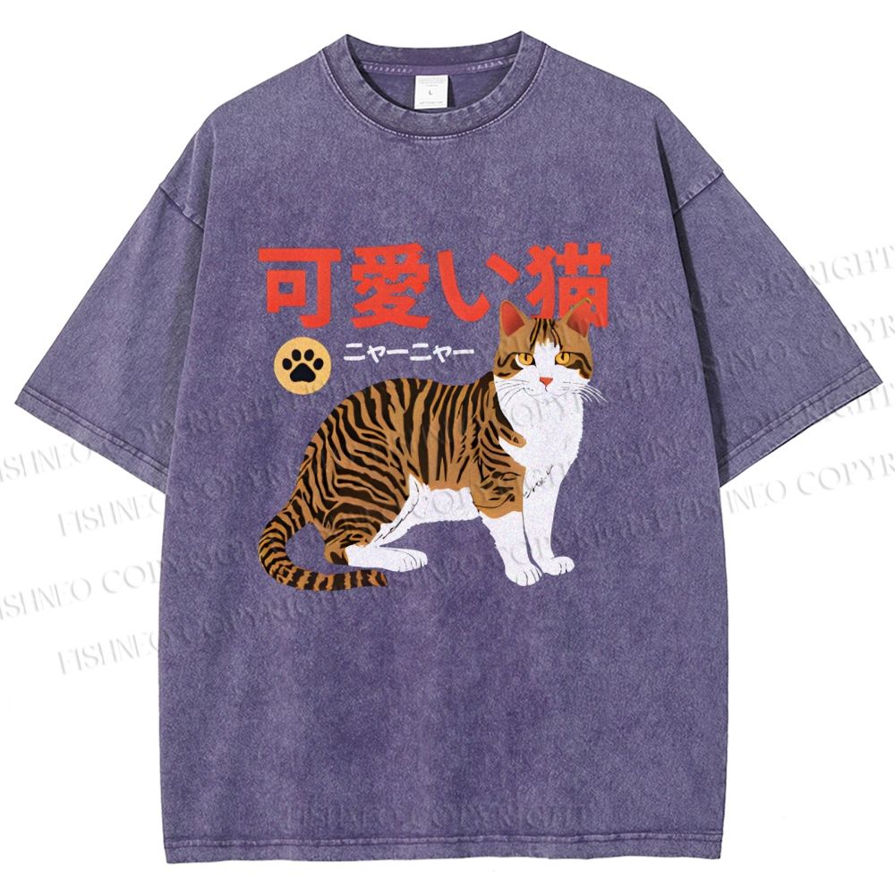 Unisex Cat Japanese Style Printed Washed Tee