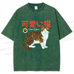 Unisex Cat Japanese Style Printed Washed Tee