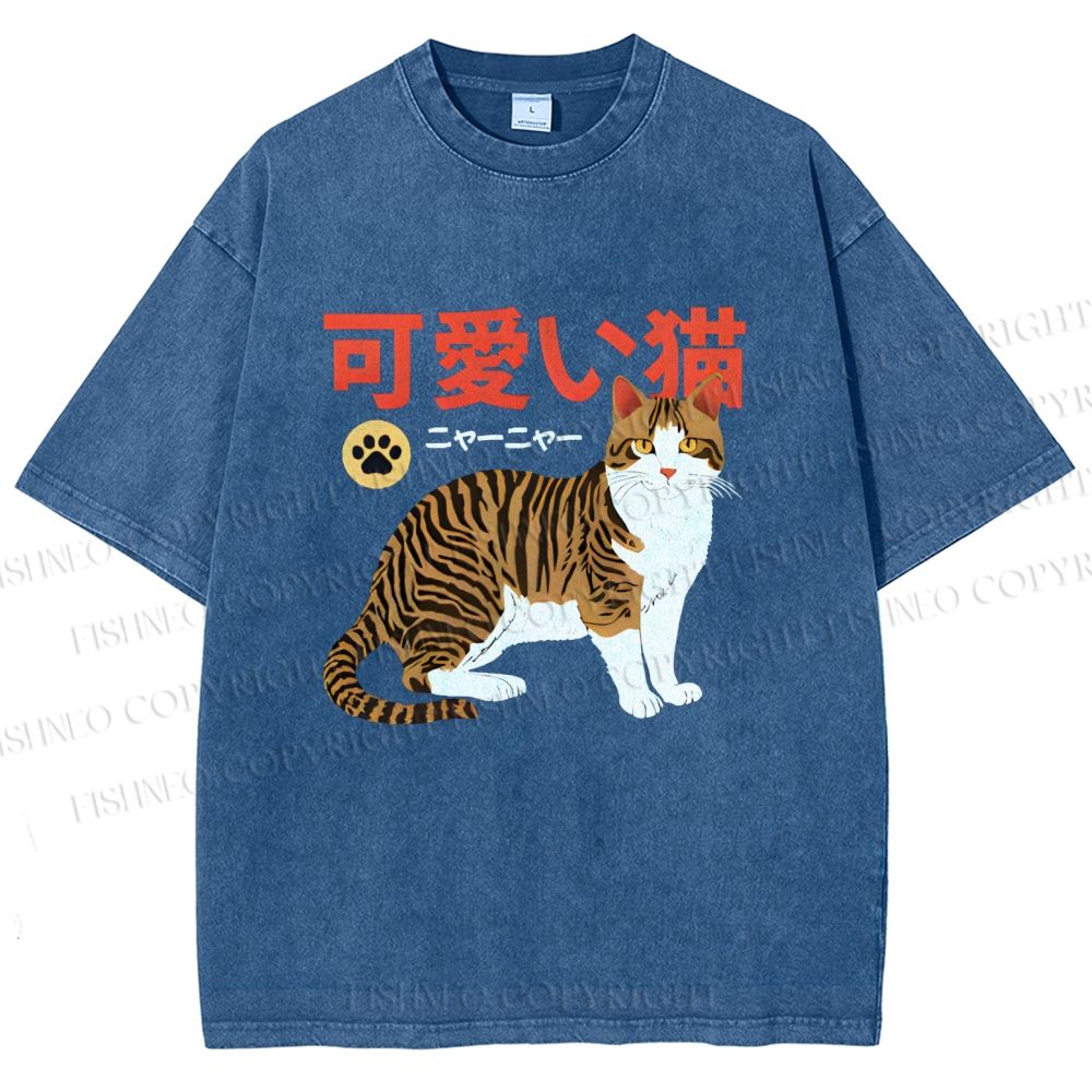 Unisex Cat Japanese Style Printed Washed Tee