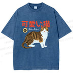 Unisex Cat Japanese Style Printed Washed Tee