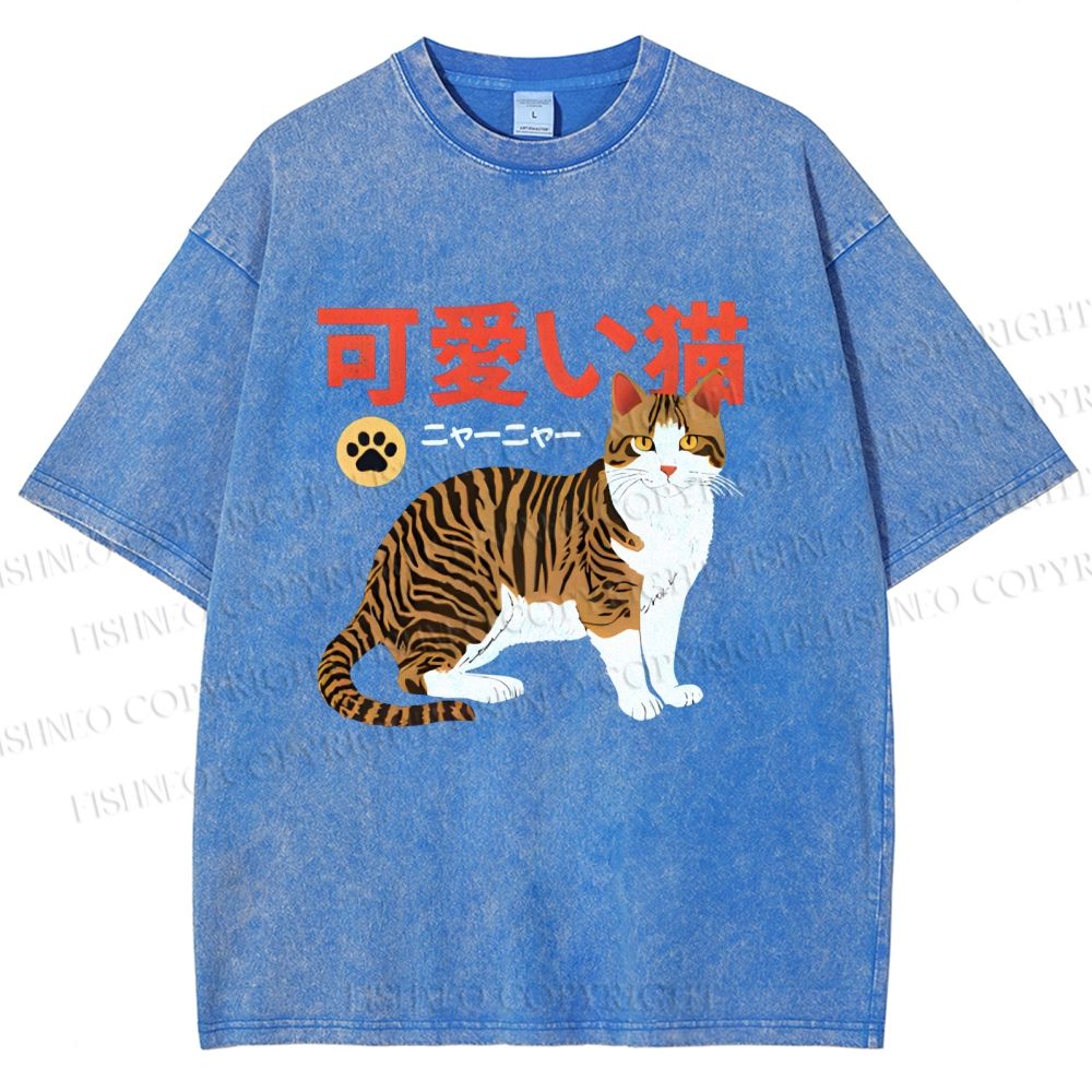 Unisex Cat Japanese Style Printed Washed Tee
