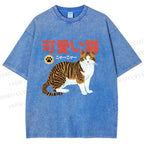 Unisex Cat Japanese Style Printed Washed Tee