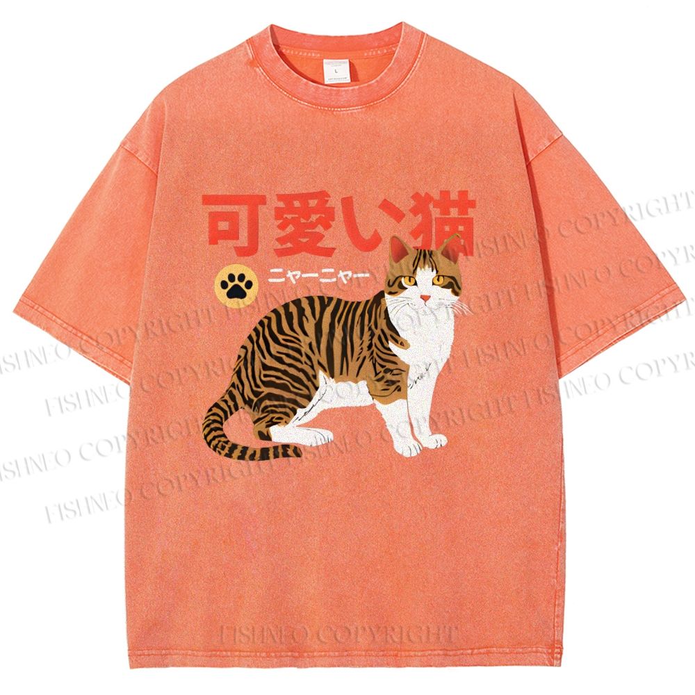 Unisex Cat Japanese Style Printed Washed Tee