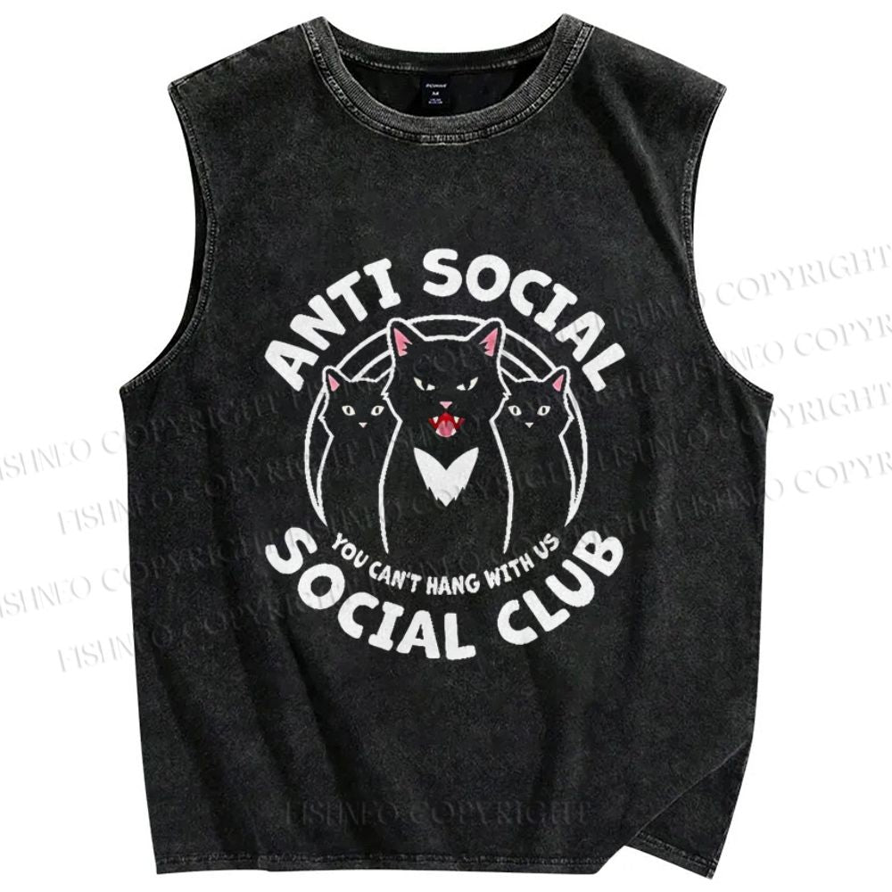 Unisex Anti-Social Cat Club Printed Washed Tank Top