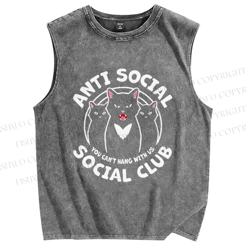 Unisex Anti-Social Cat Club Printed Washed Tank Top