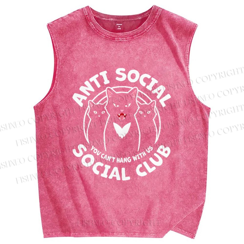 Unisex Anti-Social Cat Club Printed Washed Tank Top