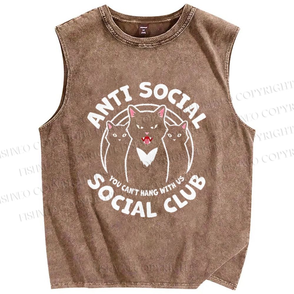 Unisex Anti-Social Cat Club Printed Washed Tank Top
