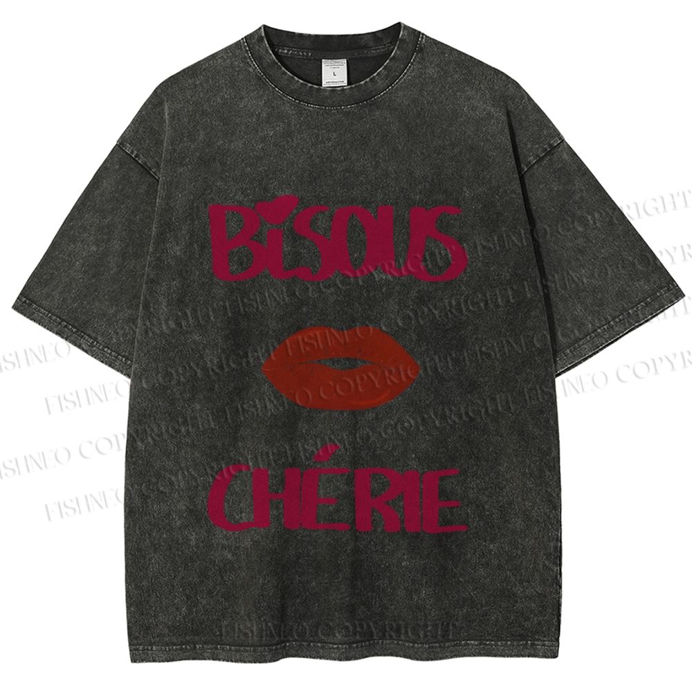 Unisex Bisous Cherie Lip Printed Washed Tee