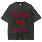 Unisex Bisous Cherie Lip Printed Washed Tee