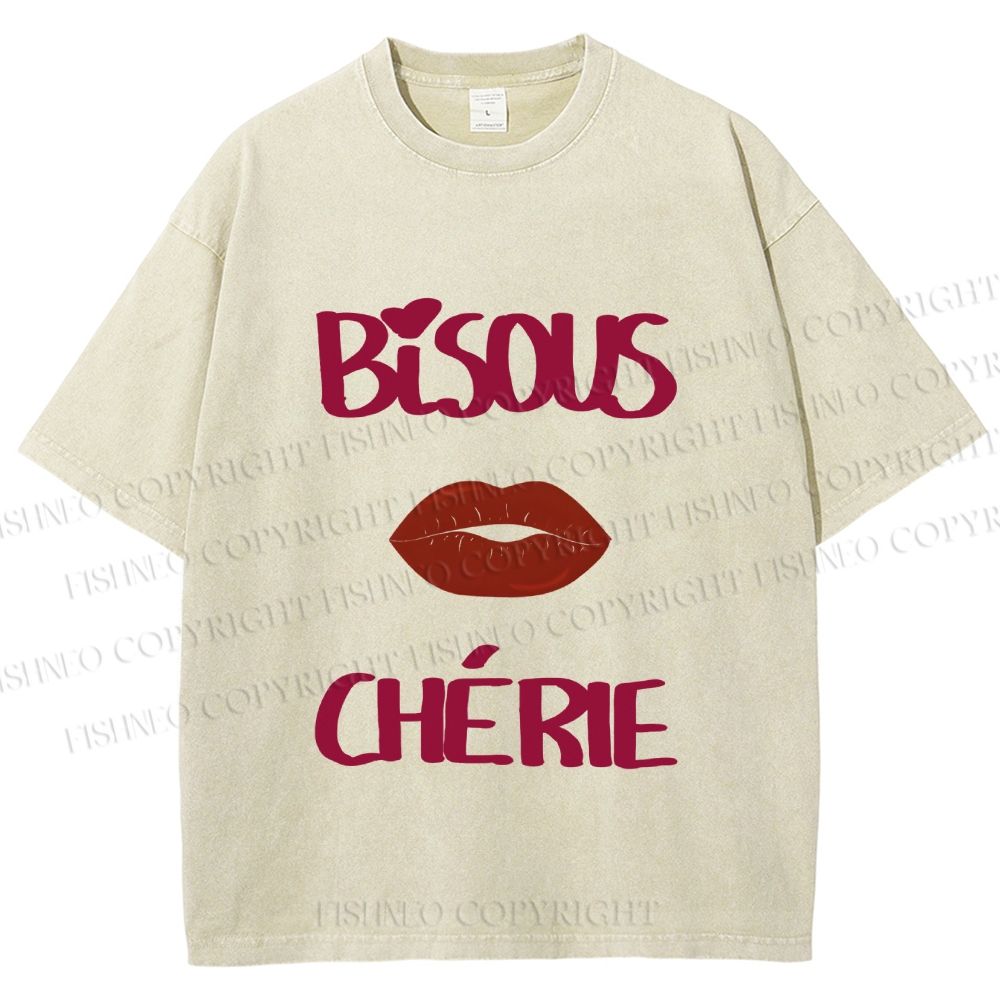 Unisex Bisous Cherie Lip Printed Washed Tee