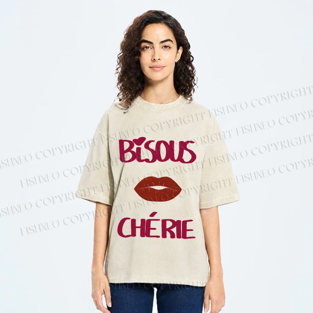 Unisex Bisous Cherie Lip Printed Washed Tee