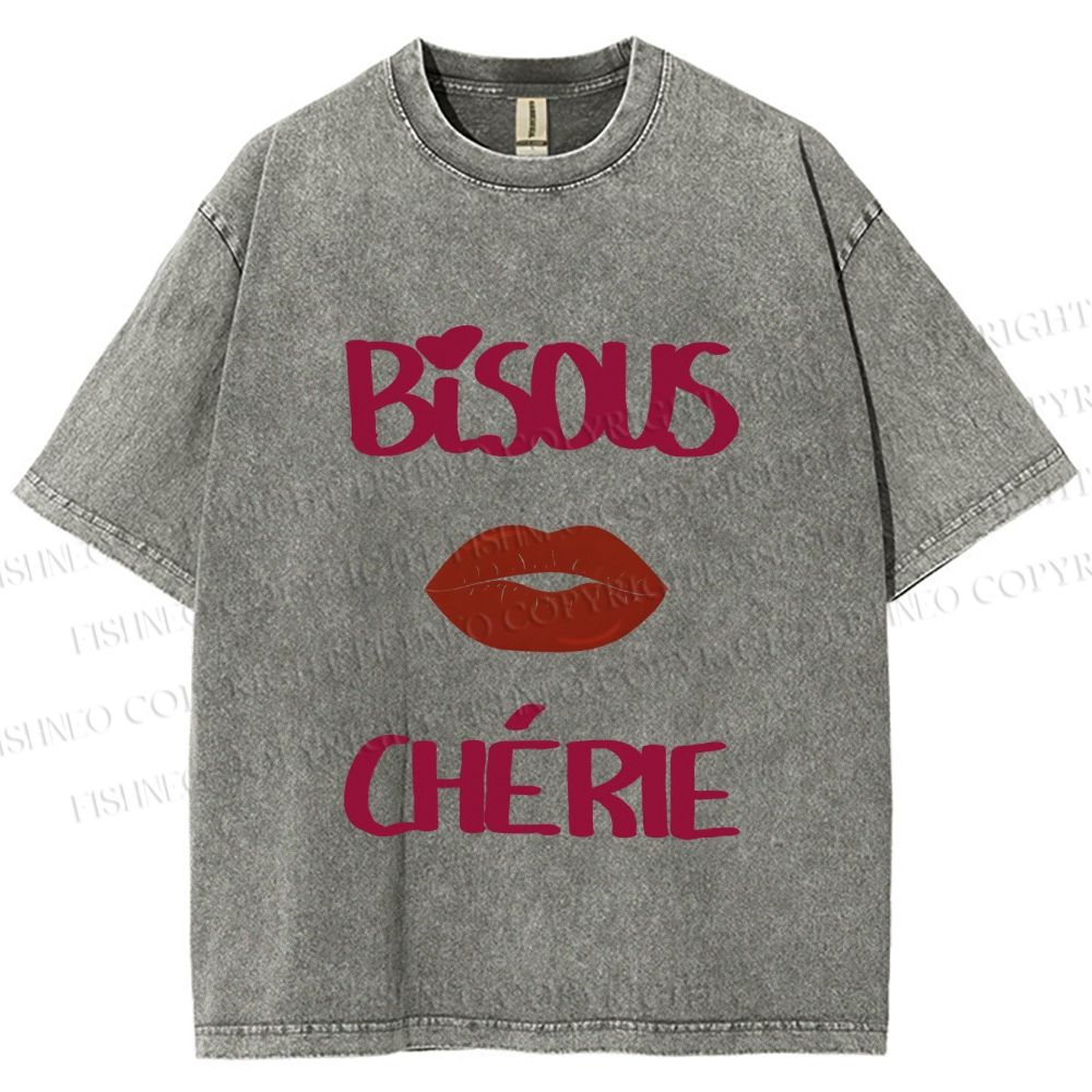 Unisex Bisous Cherie Lip Printed Washed Tee