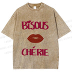 Unisex Bisous Cherie Lip Printed Washed Tee