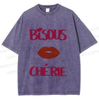 Unisex Bisous Cherie Lip Printed Washed Tee