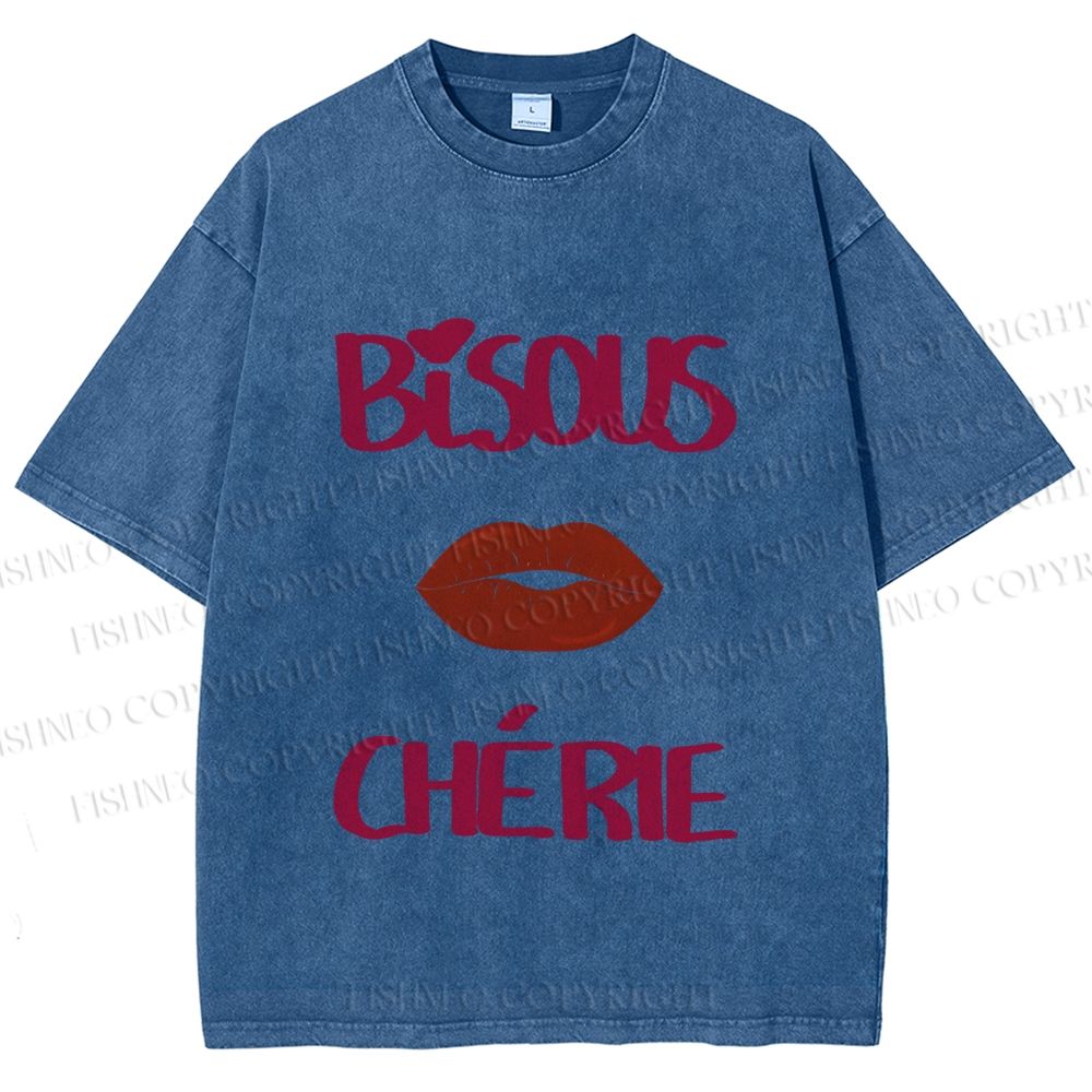 Unisex Bisous Cherie Lip Printed Washed Tee