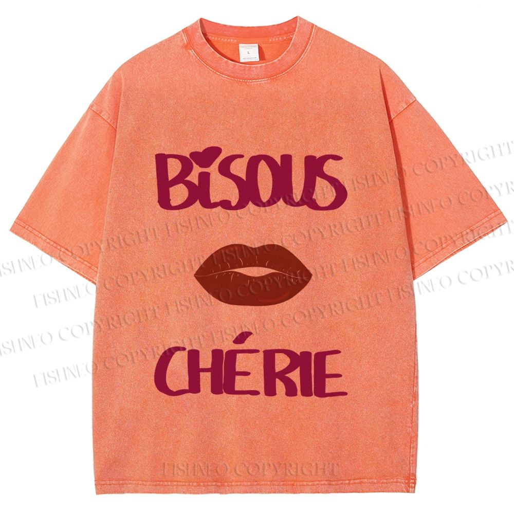Unisex Bisous Cherie Lip Printed Washed Tee