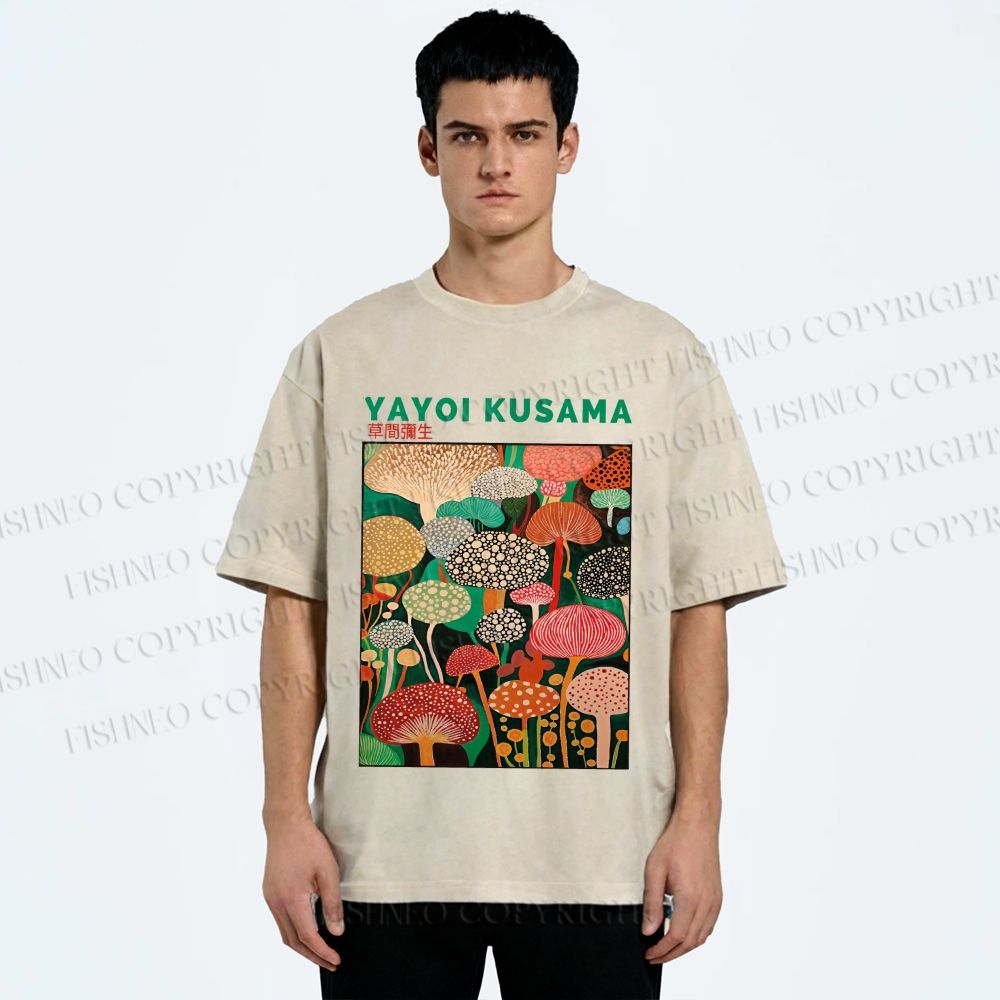 Unisex Yayoi Kusama Mushrooms Printed Washed Tee