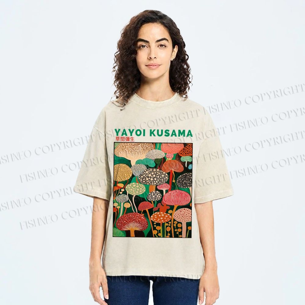 Unisex Yayoi Kusama Mushrooms Printed Washed Tee