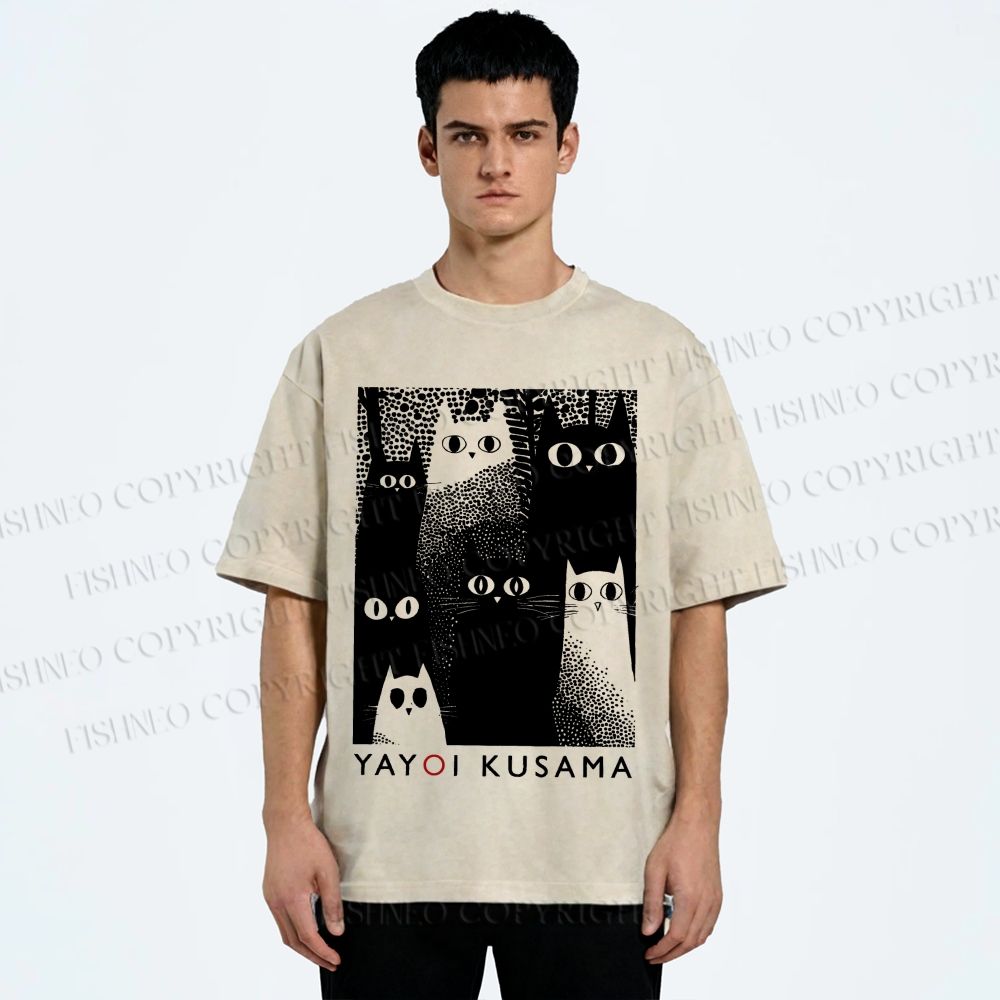Unisex Yayoi Kusama Cats Printed Washed Tee