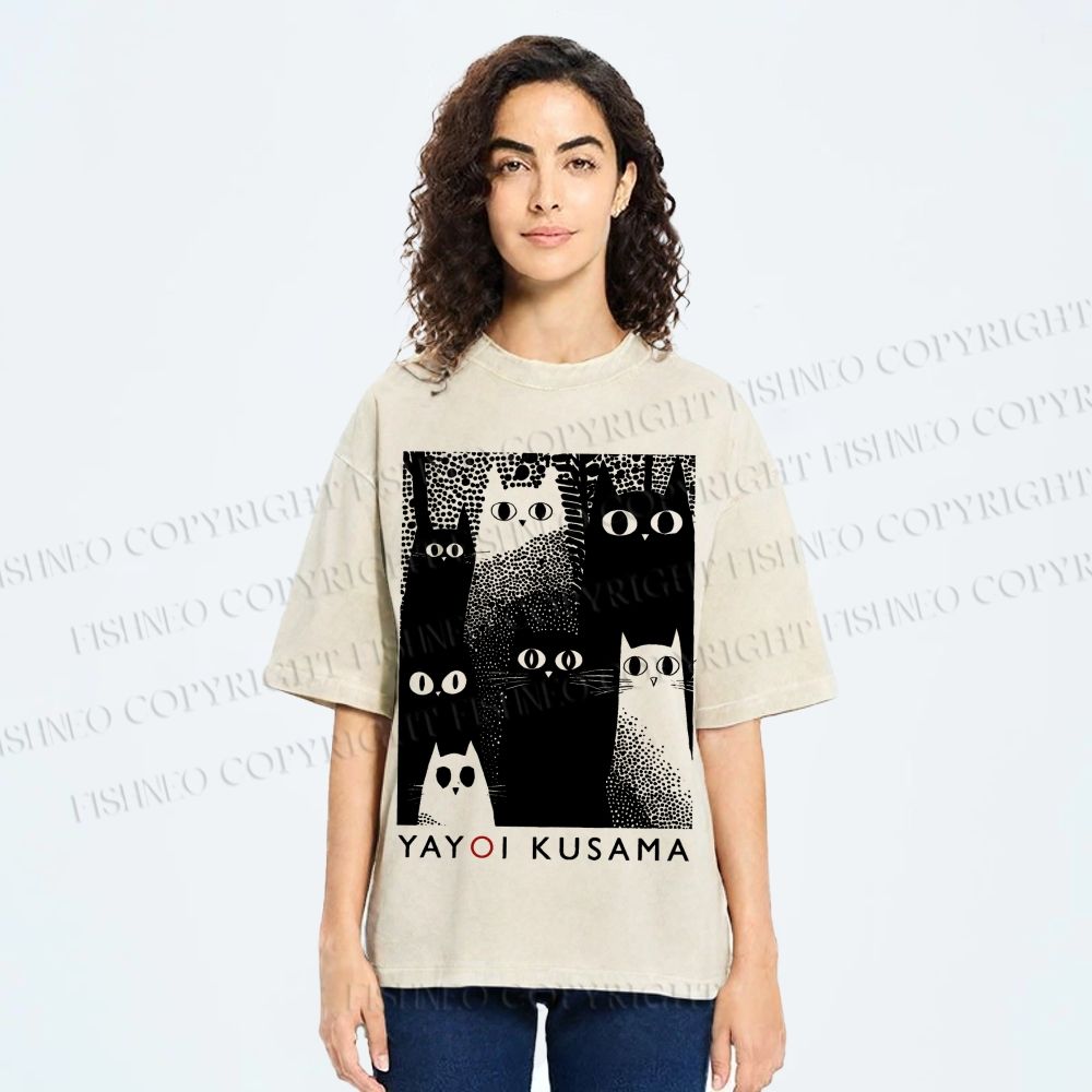 Unisex Yayoi Kusama Cats Printed Washed Tee