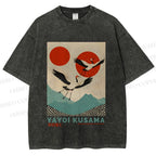 Unisex Yayoi Kusama Crane Bird Printed Washed Tee