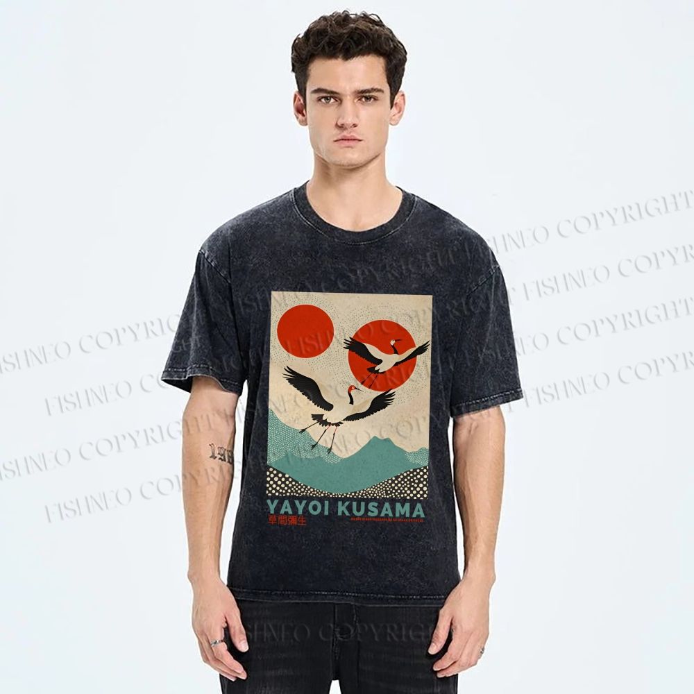 Unisex Yayoi Kusama Crane Bird Printed Washed Tee
