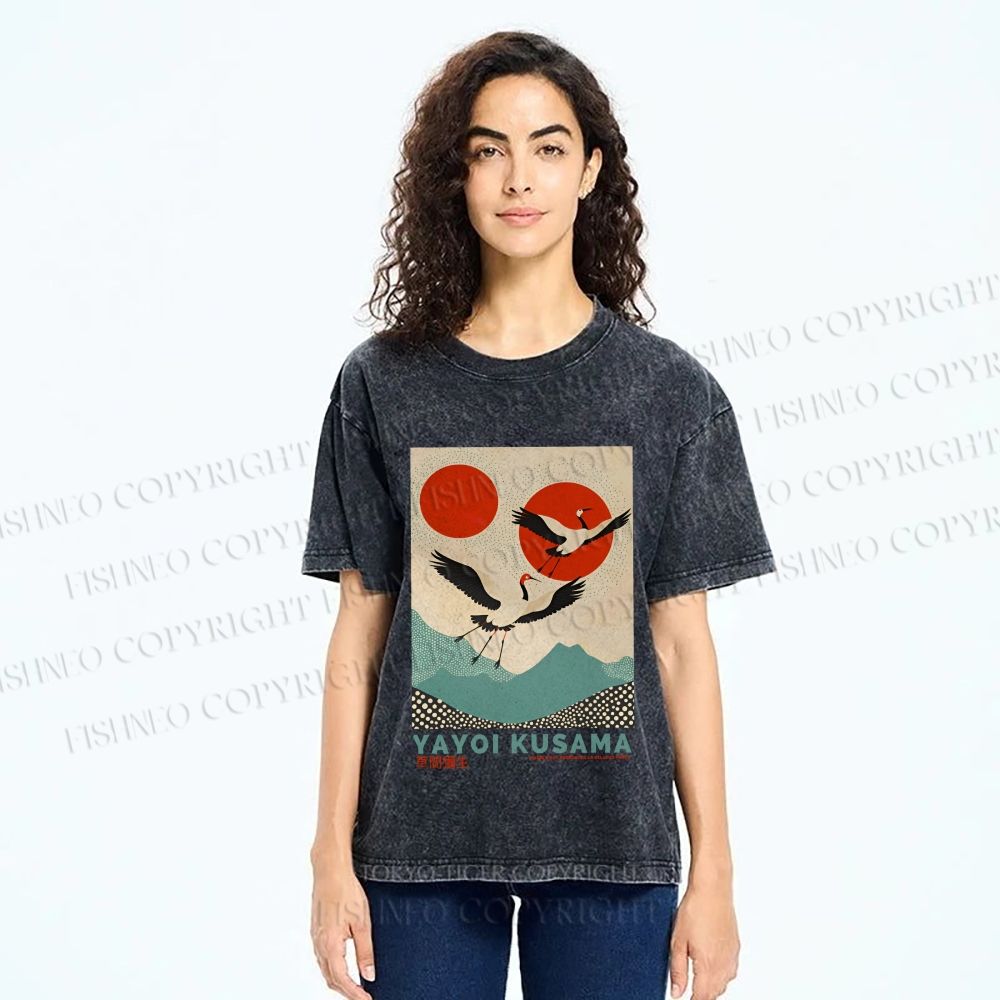 Unisex Yayoi Kusama Crane Bird Printed Washed Tee