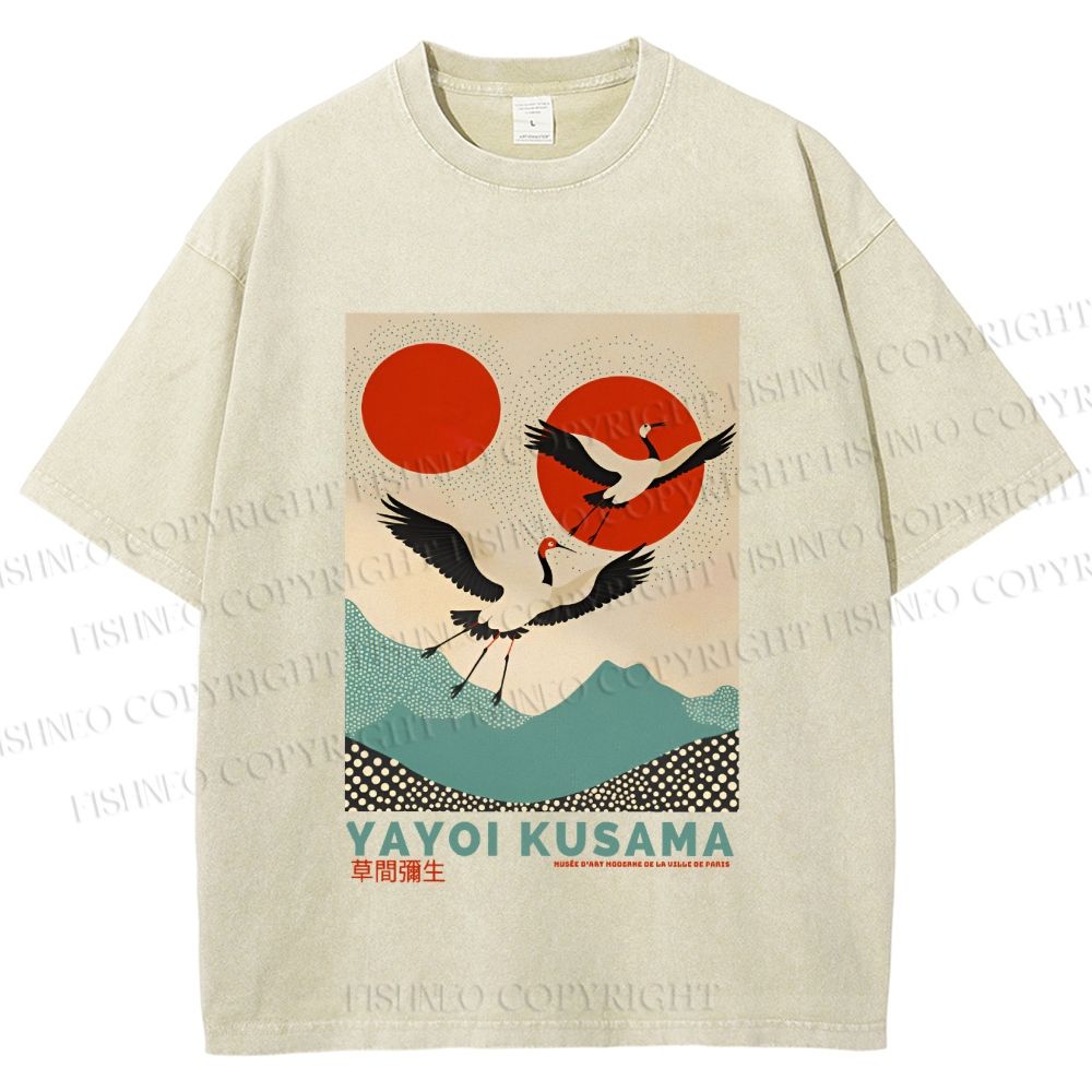 Unisex Yayoi Kusama Crane Bird Printed Washed Tee