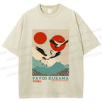 Unisex Yayoi Kusama Crane Bird Printed Washed Tee
