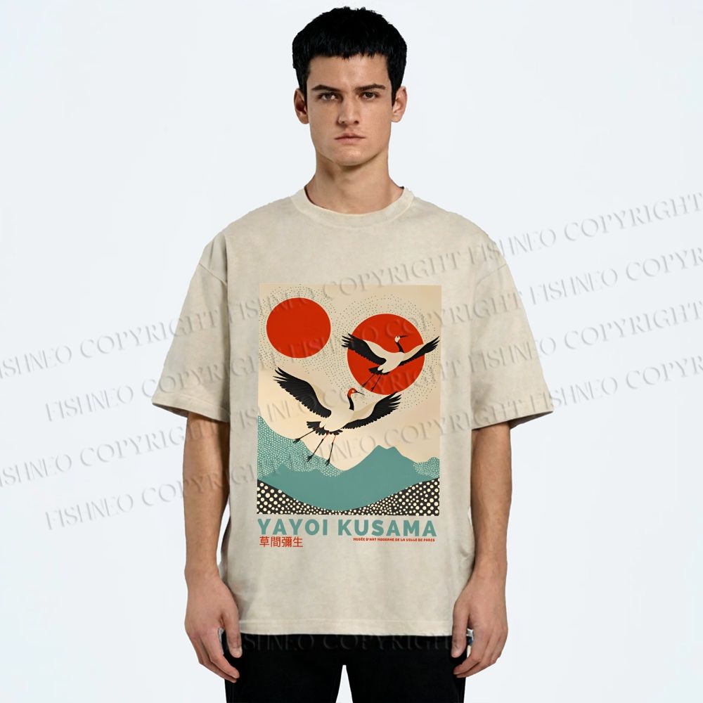 Unisex Yayoi Kusama Crane Bird Printed Washed Tee