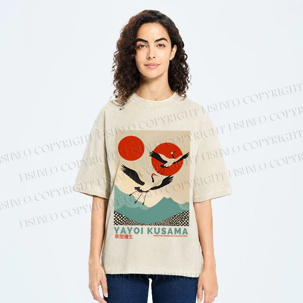 Unisex Yayoi Kusama Crane Bird Printed Washed Tee