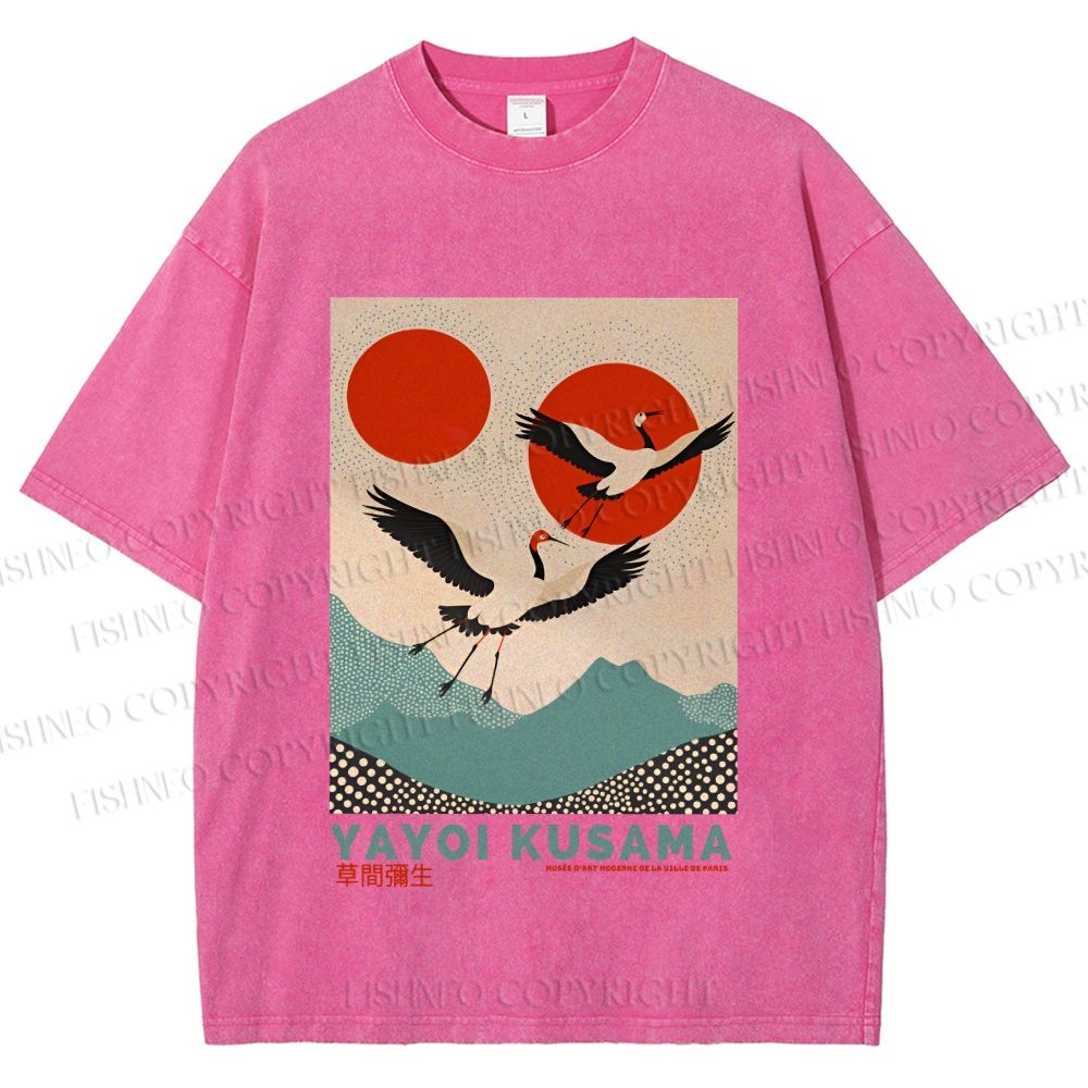Unisex Yayoi Kusama Crane Bird Printed Washed Tee