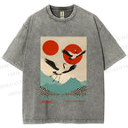 Unisex Yayoi Kusama Crane Bird Printed Washed Tee